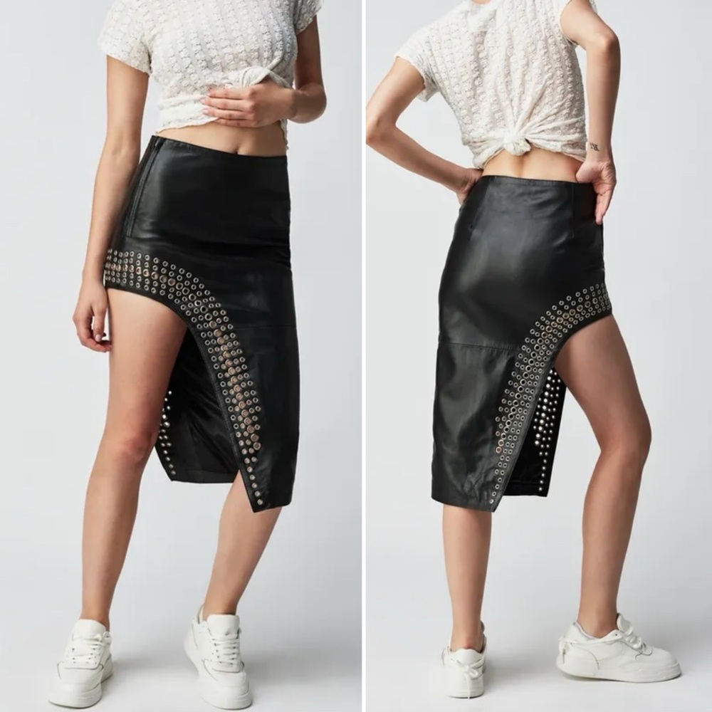 NWT Understated Leather Free People Asymmetrical Black Grommet Skirt size large